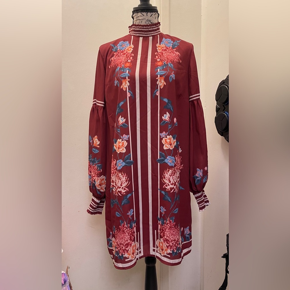 Flying Tomato Red Mock Neck Bishop Sleeve Dress